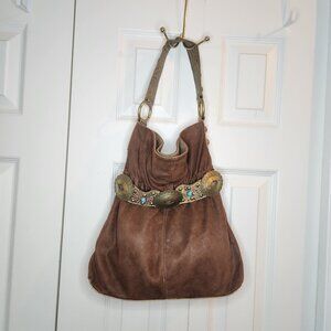 Kathy Van Zeeland Faux Suede Western Boho Shoulder Bag Brown with Concho Accents